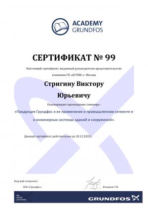 Сертификат Grundfos «Academy Grundfos» – Стригин Виктор Юрьевич